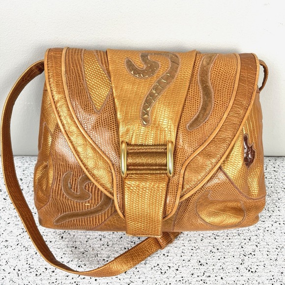 Vintage 80s 90s Sharif Pearly Gold Reptile Leather Crossbody Purse Handbag - Picture 1 of 9